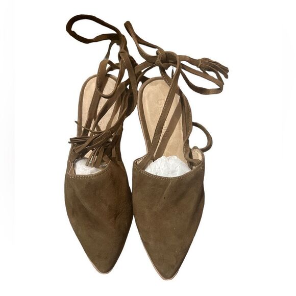 Gee WaWa Anthropologie Antique Brown Kid Suede Pointed Toe Tassel Tie Up Flats - Picture 1 of 3
